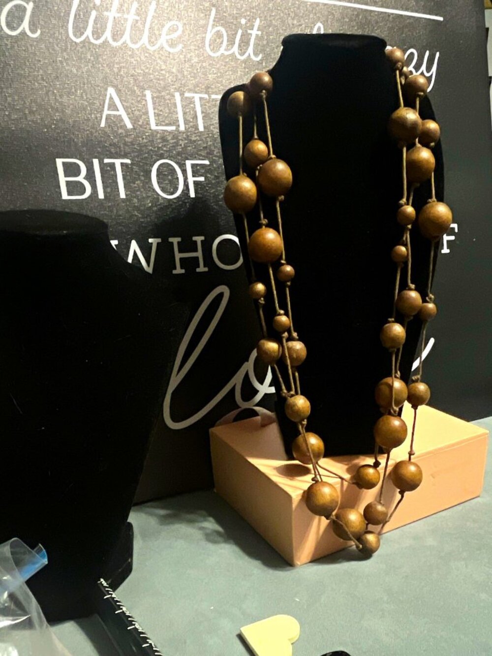 Brown Wood Round Bead Multi-Strand Cord Necklace, Beaded Ball/Bead Chain